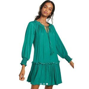 Anthropologie Babydoll Dress Kelly Green XS Long Sleeve Ruffle Guilia‎ Feminine